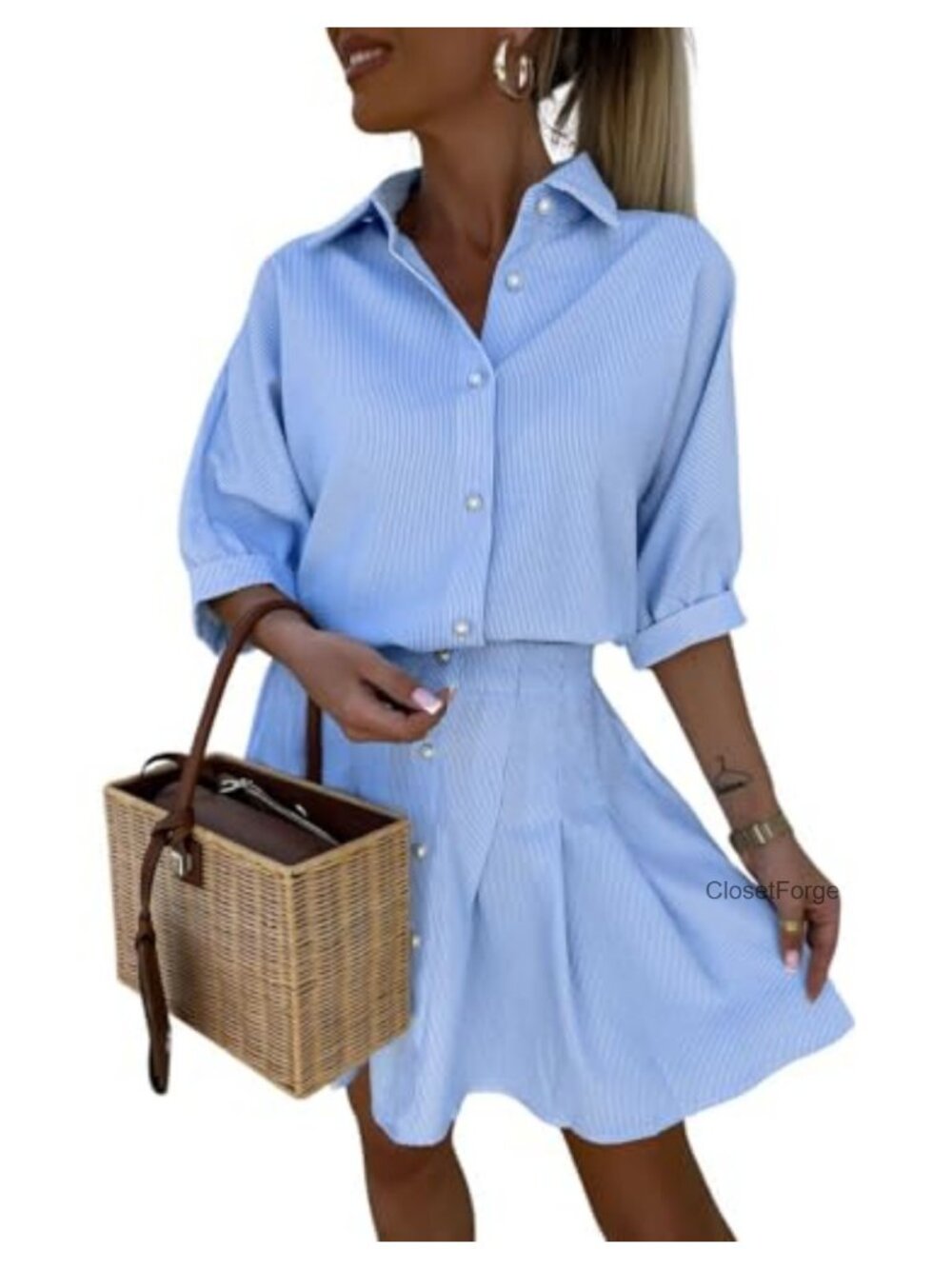 Women's 2 Piece Outfit Striped Button Down Shirt Pleated Mini Skirt Matching